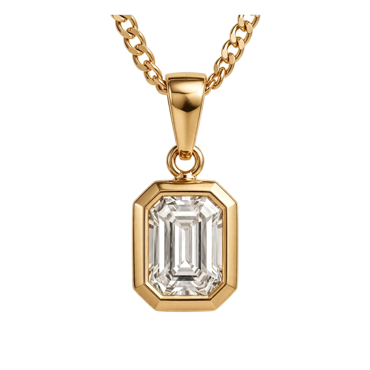 18K Yellow Gold Bezel-Set Emerald Cut Diamond Pendant Necklace