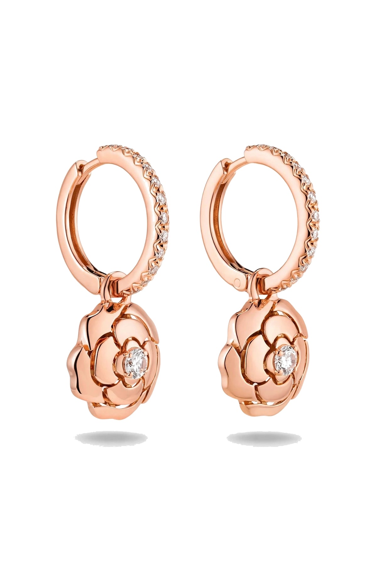 18K Rose Gold Camellia Flower Drop Earrings with Brilliant Diamonds.