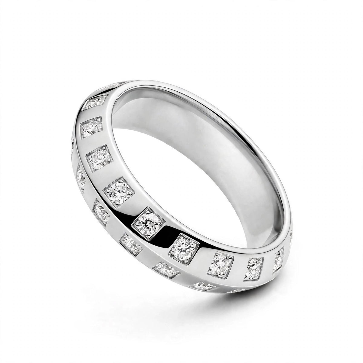 18K Rose Gold Checkerboard Bezel Square Set Round Diamond Ring