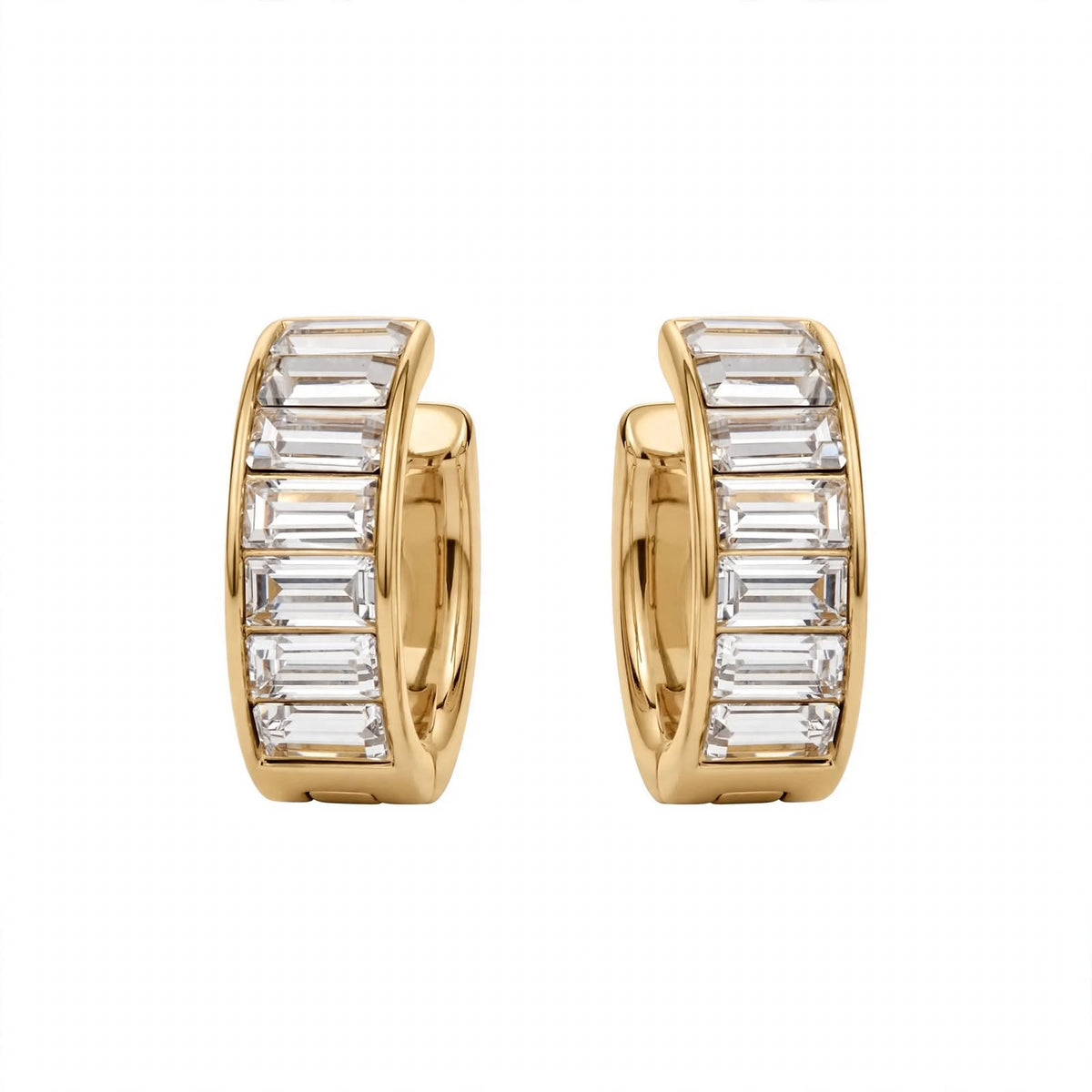 14K Yellow Gold Baguette Diamond Huggie Earrings