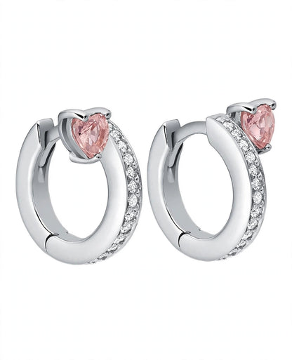 Custom 14K White Gold Silver Heart-Cut Pink Crystal Hoop Earrings