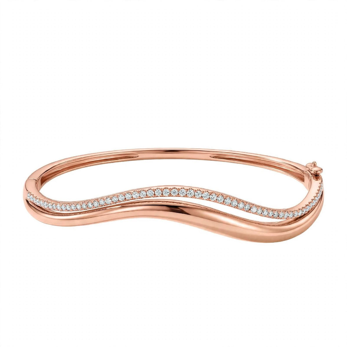 14K Yellow Gold Double Wave Pavé Diamond Bangle Bracelet
