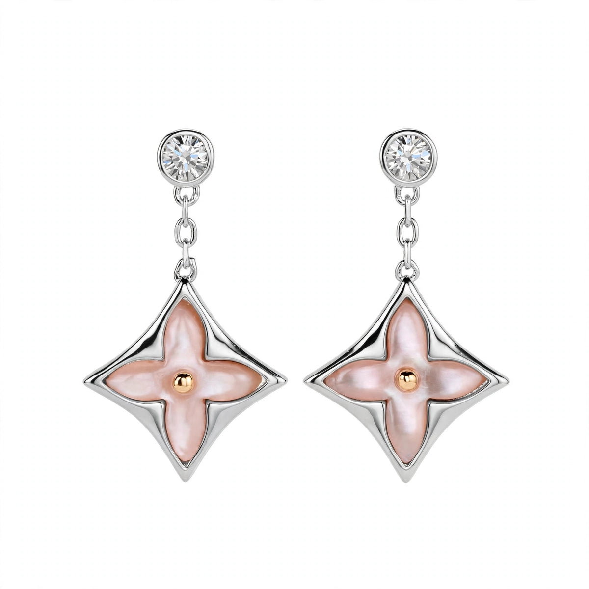 Handmade Pink Mother of Pearl Clover Drop Earrings in Gold Filled.