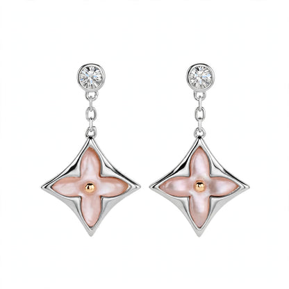 Handmade Pink Mother of Pearl Clover Drop Earrings in Gold Filled.
