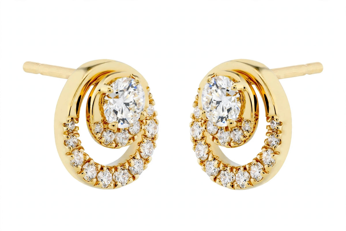 14K Yellow Gold Round Diamond Double Circle Stud Earrings