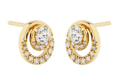 14K Yellow Gold Round Diamond Double Circle Stud Earrings