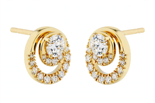 14K Yellow Gold Round Diamond Double Circle Stud Earrings