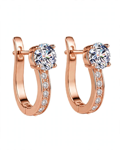 Rose Gold Leverback Hoop Earrings with Solitaire Top Stone & Pave Accent Crystals