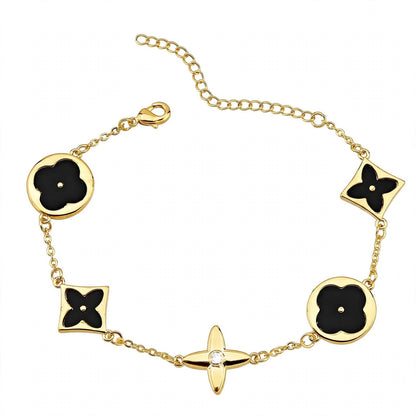 14K Rose Gold Mixed Motif Black Enamel Charm Bracelet.