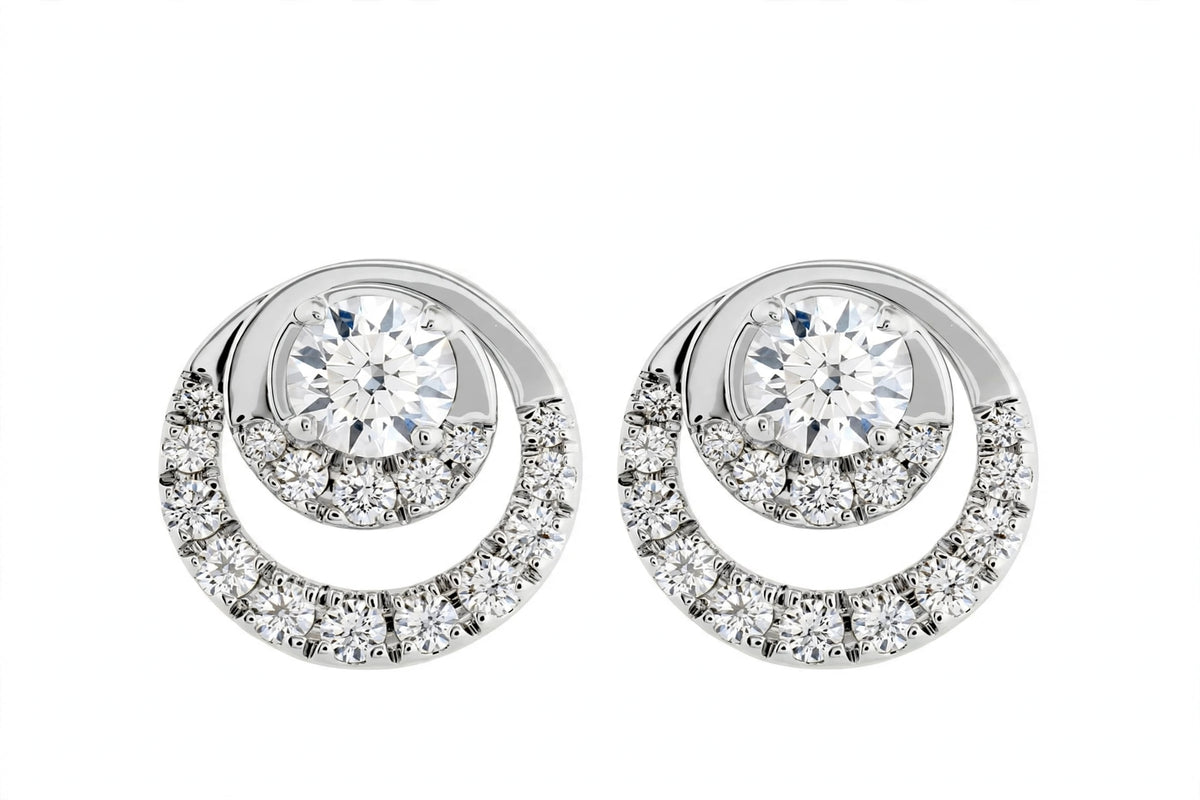 14K Yellow Gold Round Diamond Double Circle Stud Earrings
