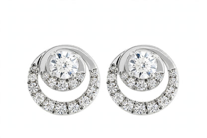 14K Yellow Gold Round Diamond Double Circle Stud Earrings