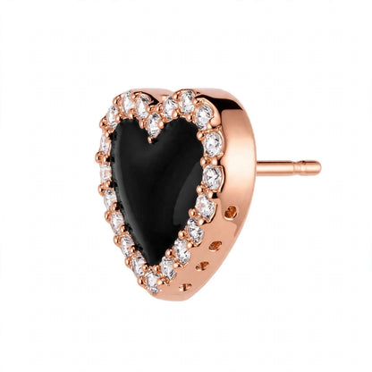 14K Yellow Gold Black Onyx Heart Stud Earrings with Diamond Halo