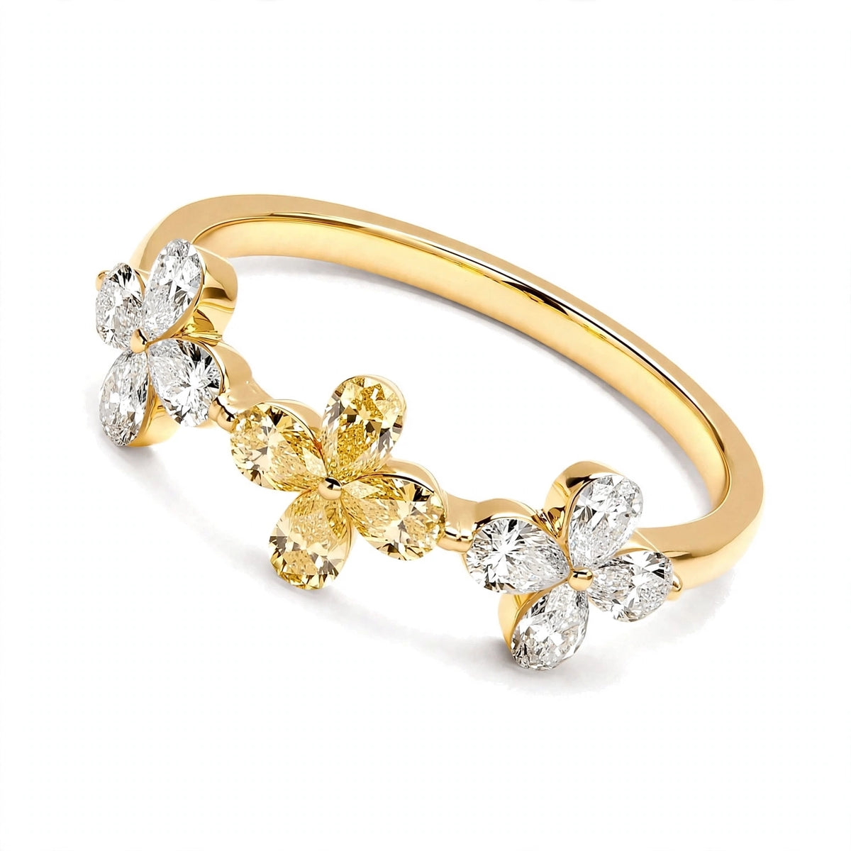 18K Yellow Gold Three-Flower Diamond Ring