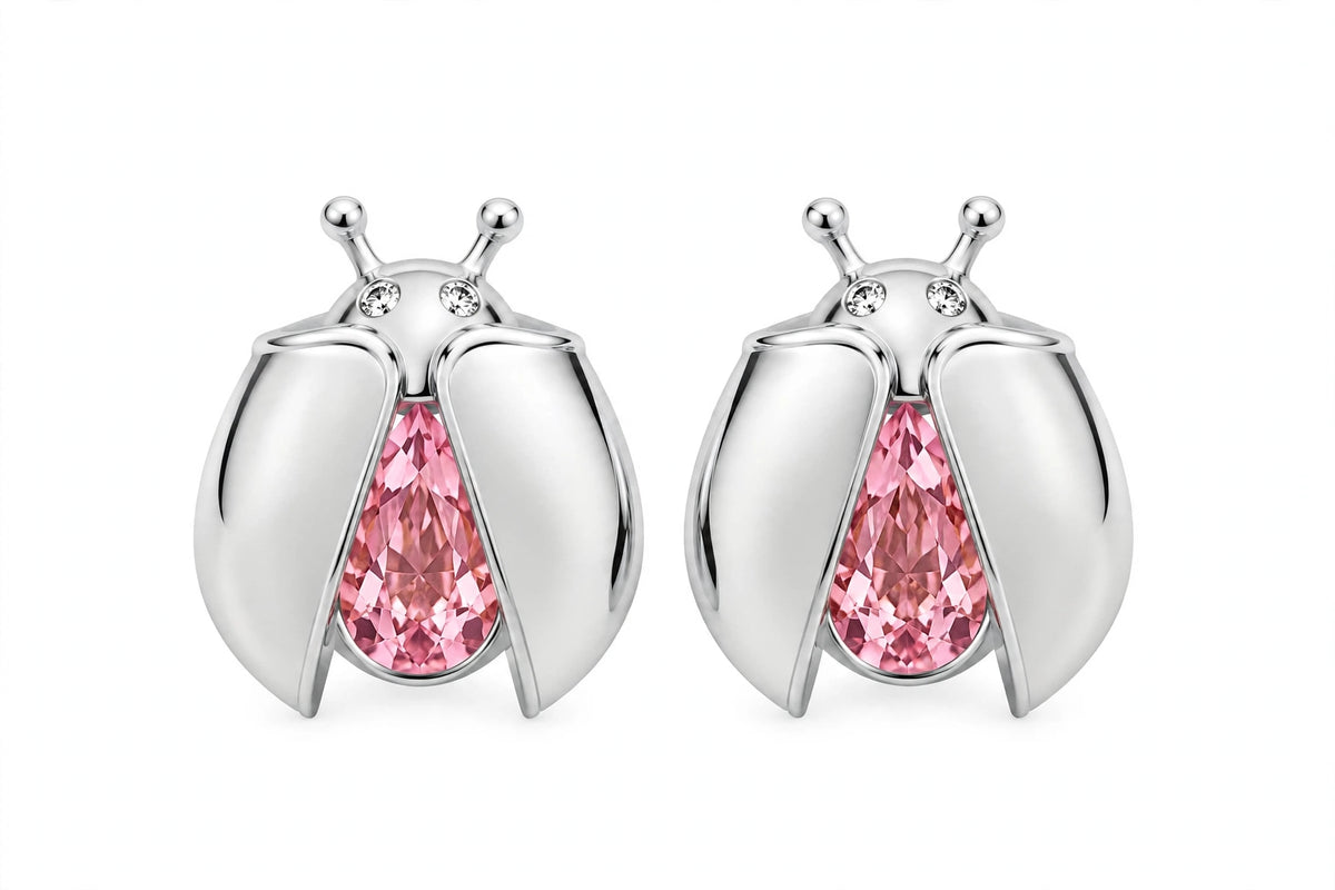 14K Gold Ladybug Stud Earrings with Pear-Cut Pink Zirconia & Crystal Eyes.