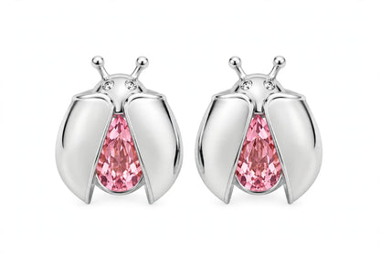 14K Gold Ladybug Stud Earrings with Pear-Cut Pink Zirconia & Crystal Eyes.