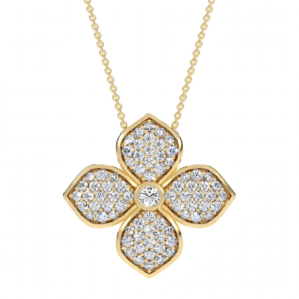 18K Yellow Gold Pavé Diamond Four-Petal Flower Pendant Necklace