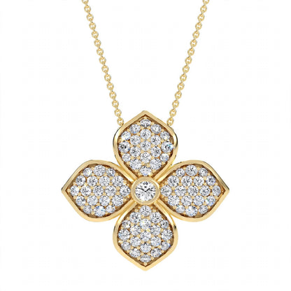 18K Yellow Gold Pavé Diamond Four-Petal Flower Pendant Necklace