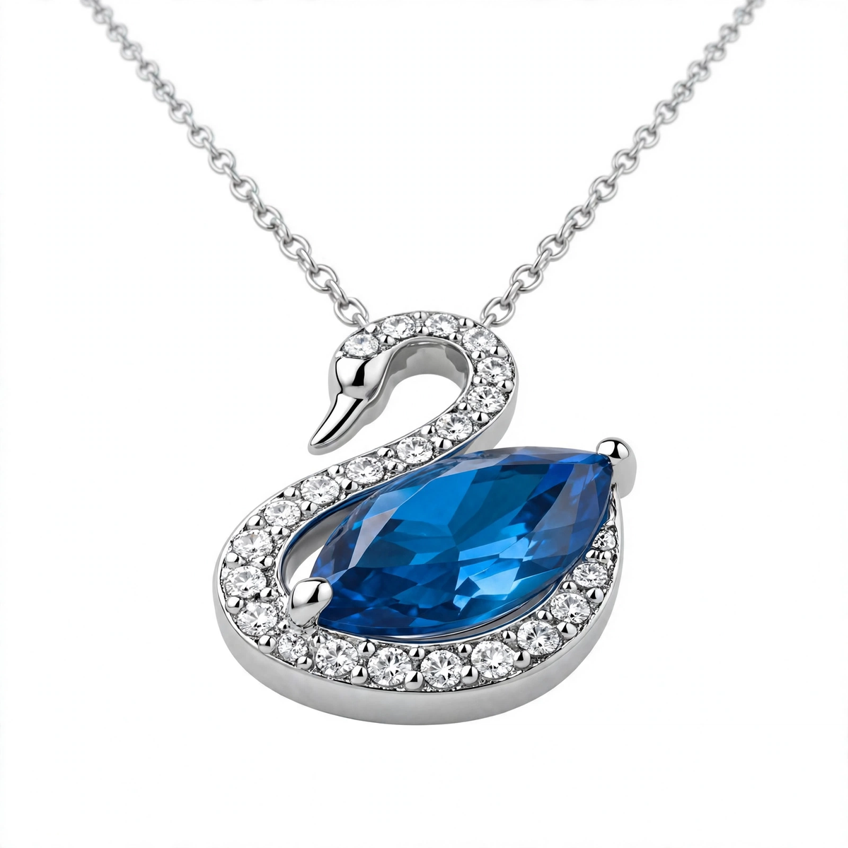925 Sterling Silver Blue Crystal Swan Pendant Necklace