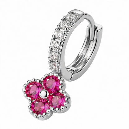 925 Sterling Silver Pink Ruby Clover Huggie Hoop Earrings