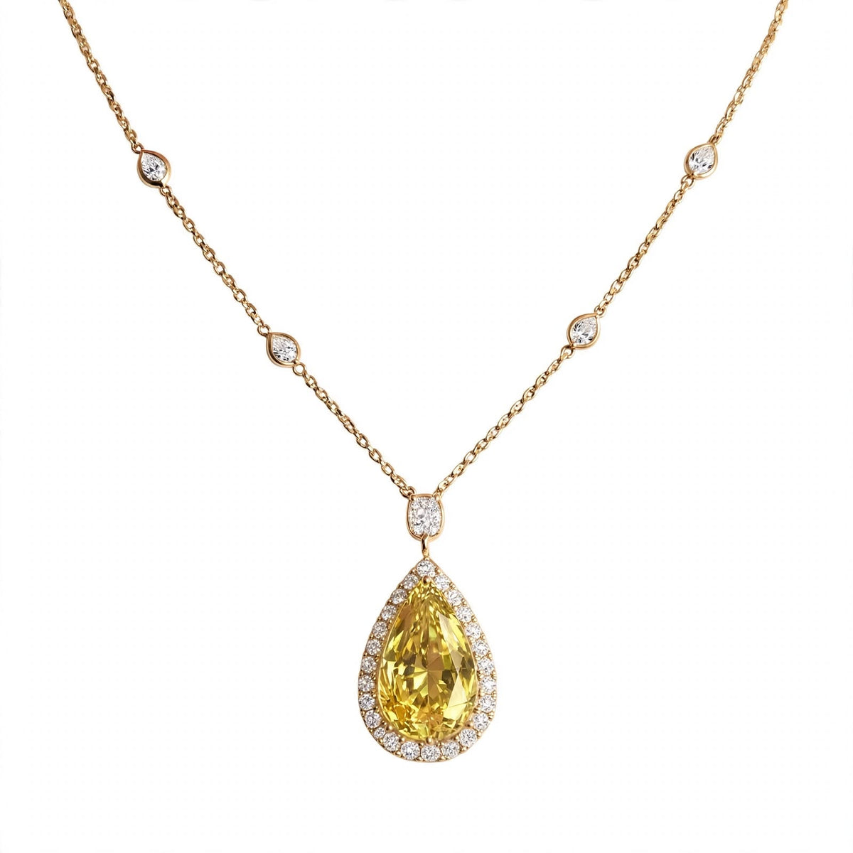 18K Rose Gold GIA-Certified Canary Yellow Pear Diamond Halo Pendant Necklace