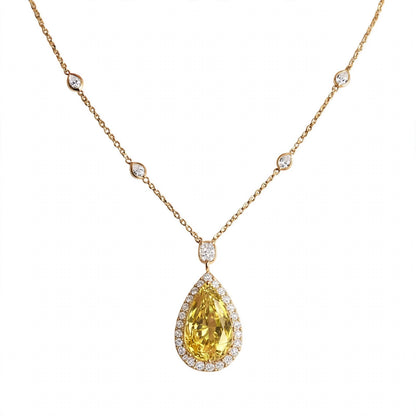 18K Rose Gold GIA-Certified Canary Yellow Pear Diamond Halo Pendant Necklace