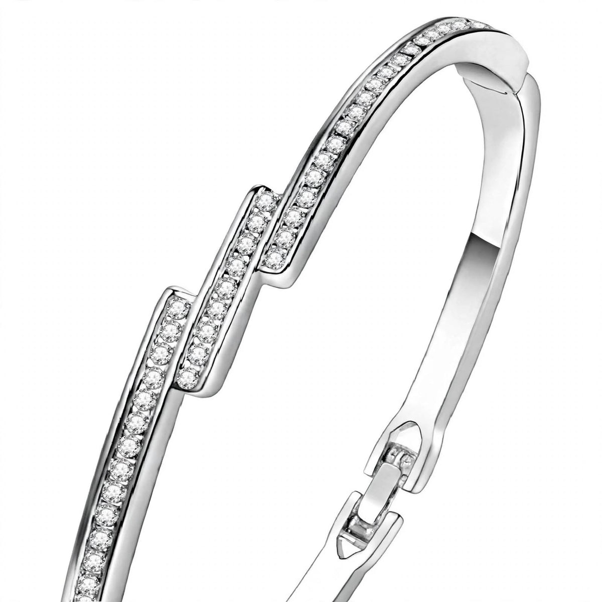 18K White Gold Diamond Staggered Bypass Bangle Bracelet — Brilliant Pavé Contemporary Hinged Kada