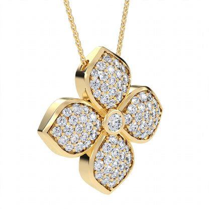 18K Yellow Gold Pavé Diamond Four-Petal Flower Pendant Necklace