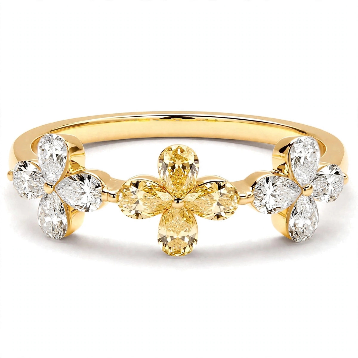18K Yellow Gold Three-Flower Diamond Ring