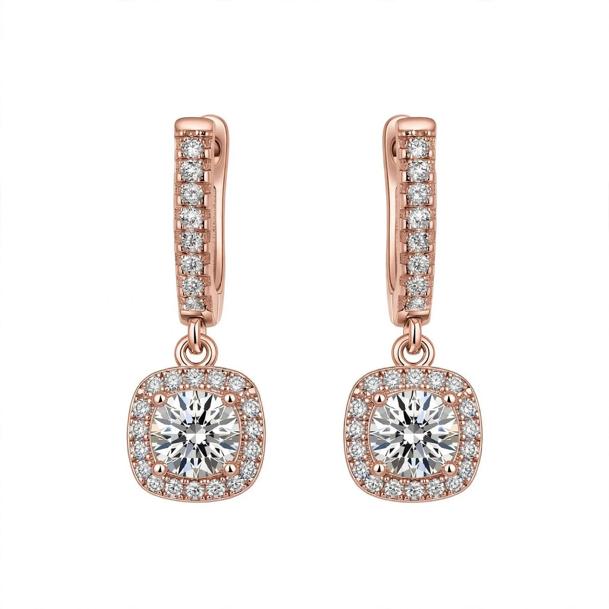 14K Yellow Gold Cushion Halo Dangle Drop Earrings
