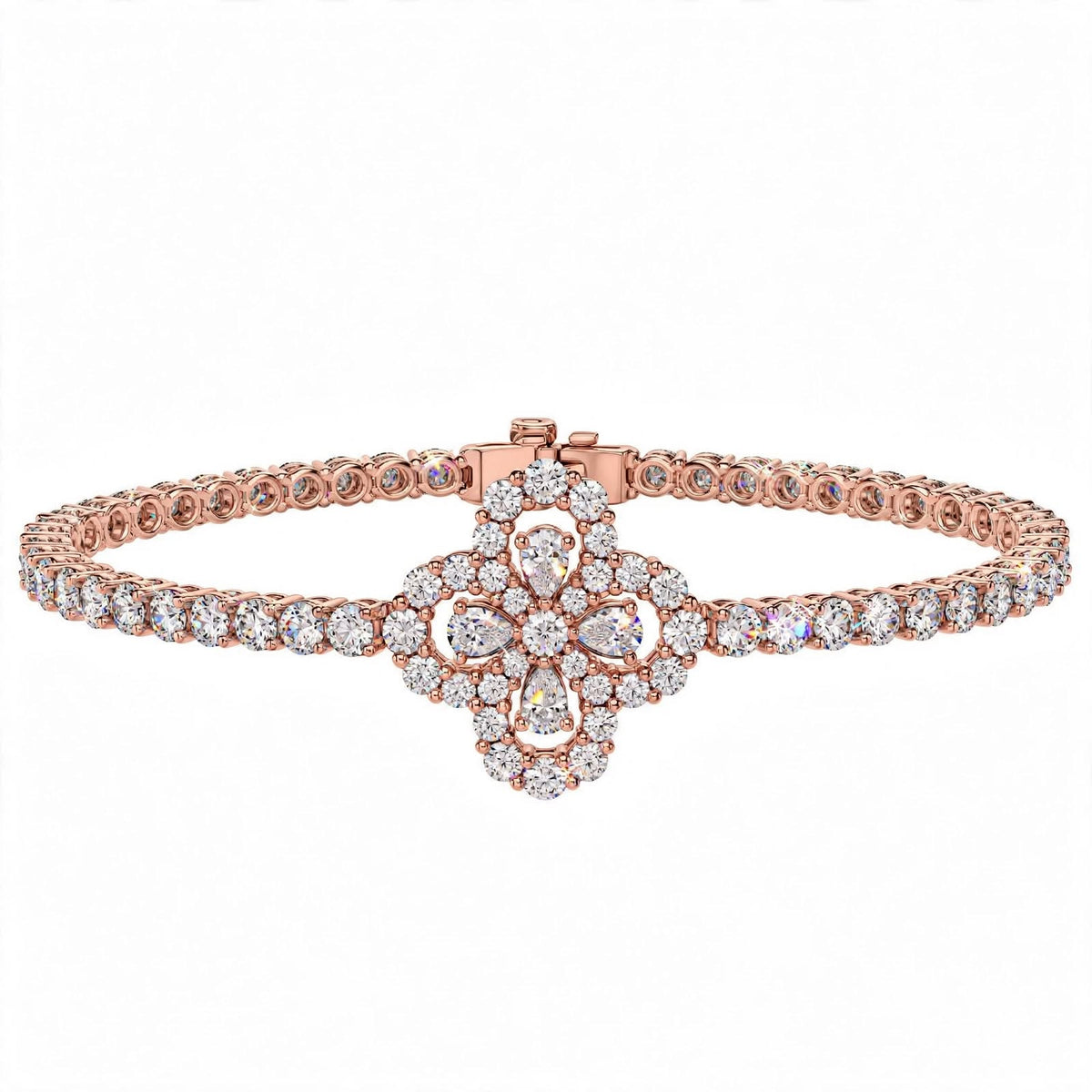 18K White Gold Pear and Round Cut Diamond Clover Charm Tennis Bracelet