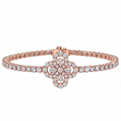 18K White Gold Pear and Round Cut Diamond Clover Charm Tennis Bracelet