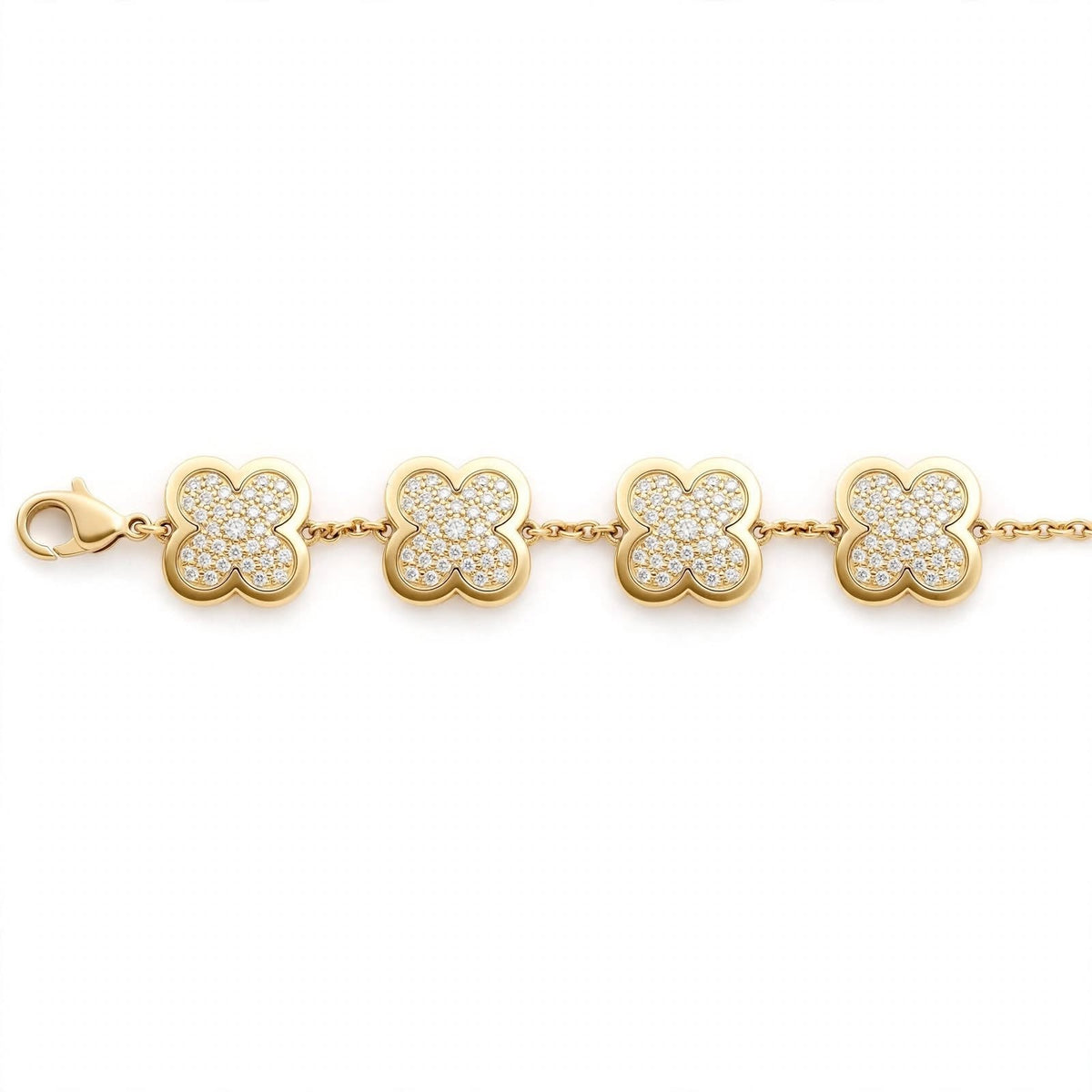 18K Yellow Gold Pavé Diamond Clover Charm Link Bracelet