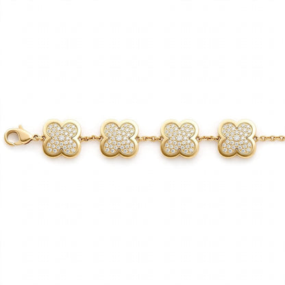 18K Yellow Gold Pavé Diamond Clover Charm Link Bracelet