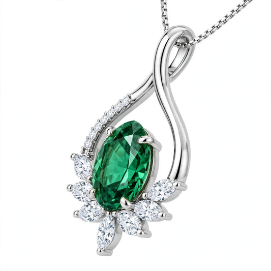 14K White Gold Oval Cut Created Emerald Lotus Pendant Necklace.