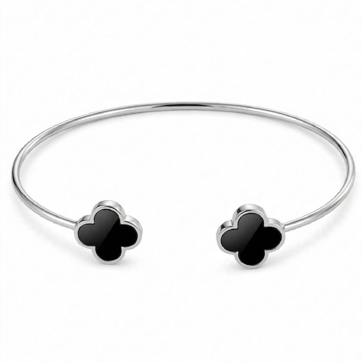 18K Gold Plated Open Cuff Bangle with Twin Black Clover Motifs
