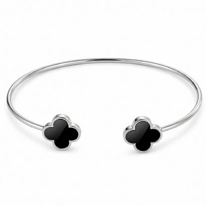 18K Gold Plated Open Cuff Bangle with Twin Black Clover Motifs