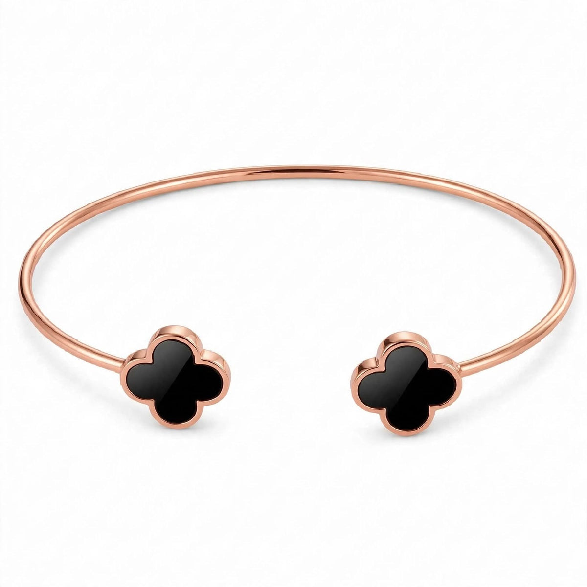 18K Gold Plated Open Cuff Bangle with Twin Black Clover Motifs