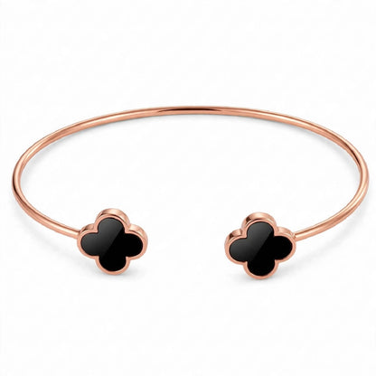 18K Gold Plated Open Cuff Bangle with Twin Black Clover Motifs