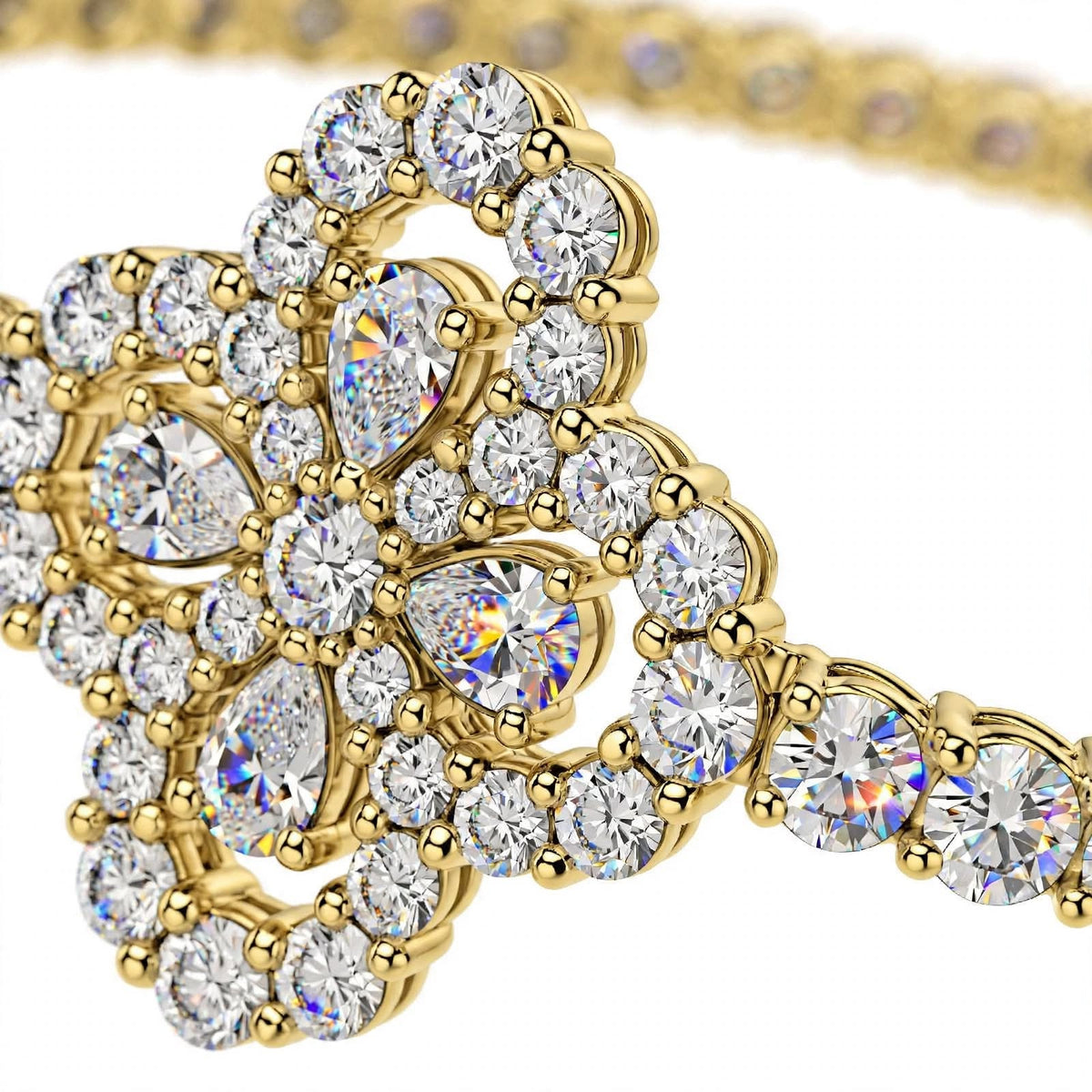 18K White Gold Pear and Round Cut Diamond Clover Charm Tennis Bracelet