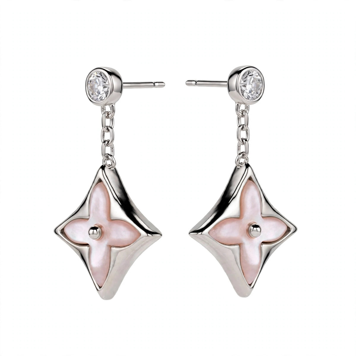 Handmade Pink Mother of Pearl Clover Drop Earrings in Gold Filled.