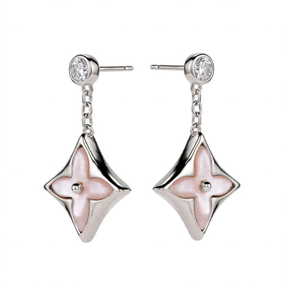 Handmade Pink Mother of Pearl Clover Drop Earrings in Gold Filled.