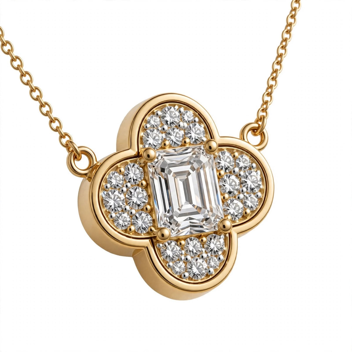 18K Yellow Gold Emerald-Cut Diamond Clover Pendant Necklace
