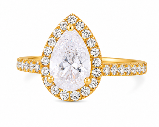 Yellow gold with a diamond or moissanite center stone.