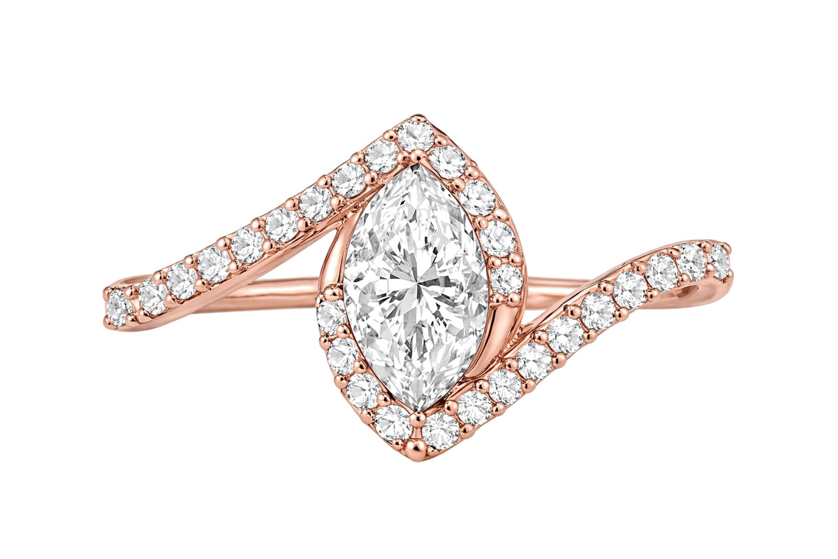 14K Yellow Gold Marquise Diamond Bypass Engagement Ring with Pavé Halo.