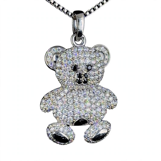 Sterling Silver Teddy Bear Necklace featuring pave-set stones.