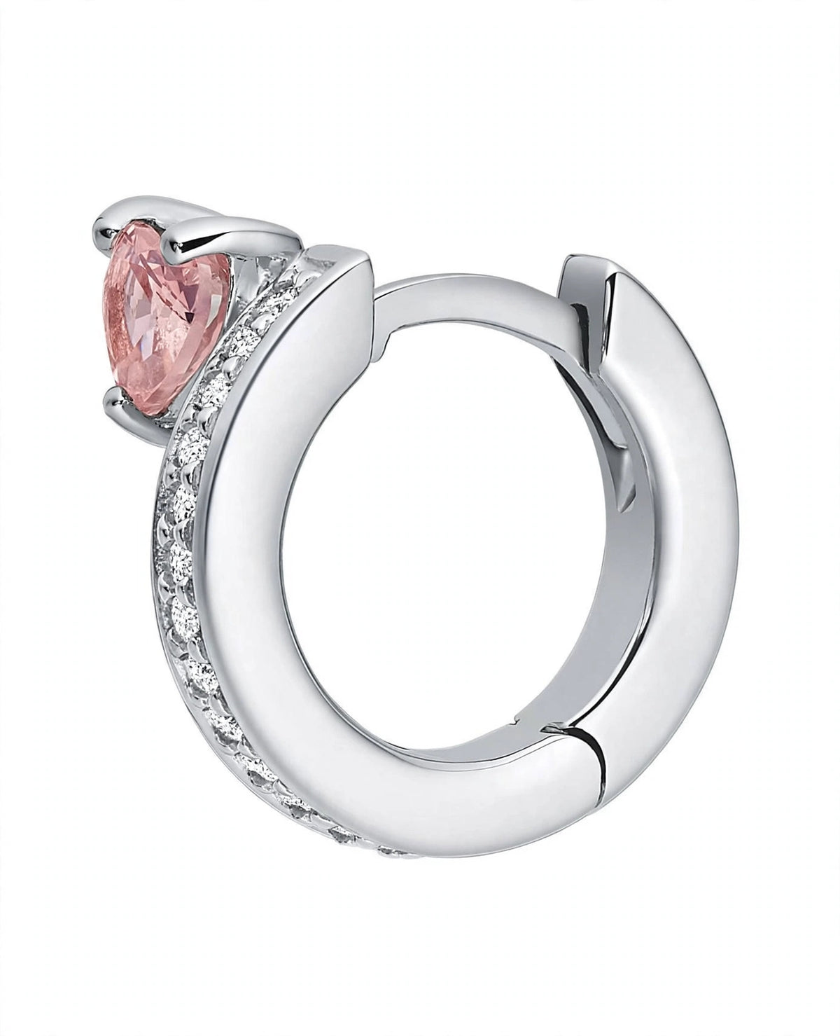 Custom 14K White Gold Silver Heart-Cut Pink Crystal Hoop Earrings