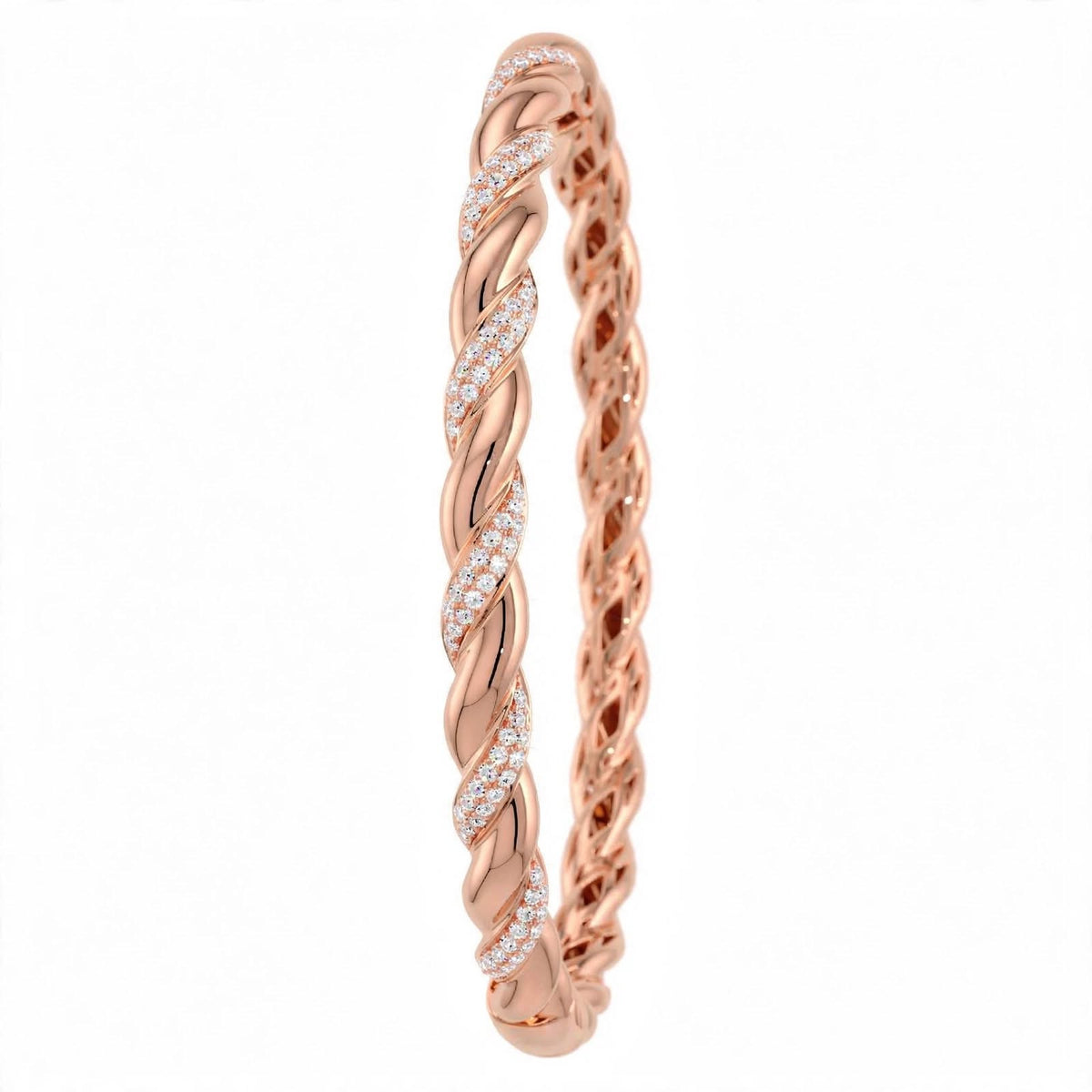 18K Rose Gold Pavé Diamond Twisted Rope Bangle Bracelet