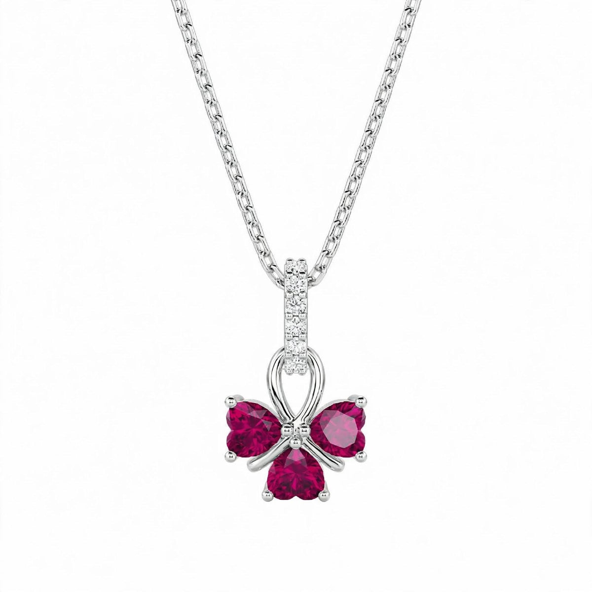 18K White Gold Ruby and Diamond Clover Pendant Necklace