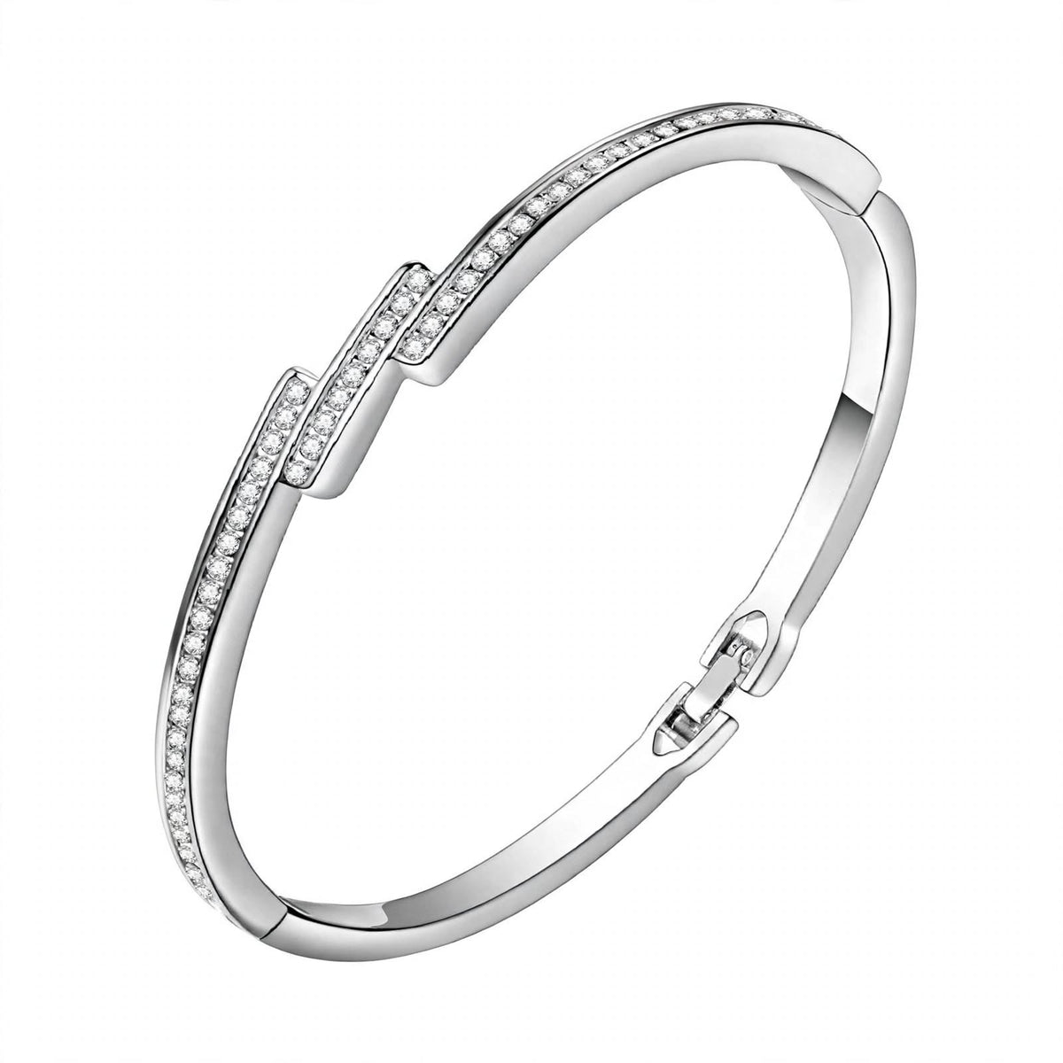 18K White Gold Diamond Staggered Bypass Bangle Bracelet — Brilliant Pavé Contemporary Hinged Kada
