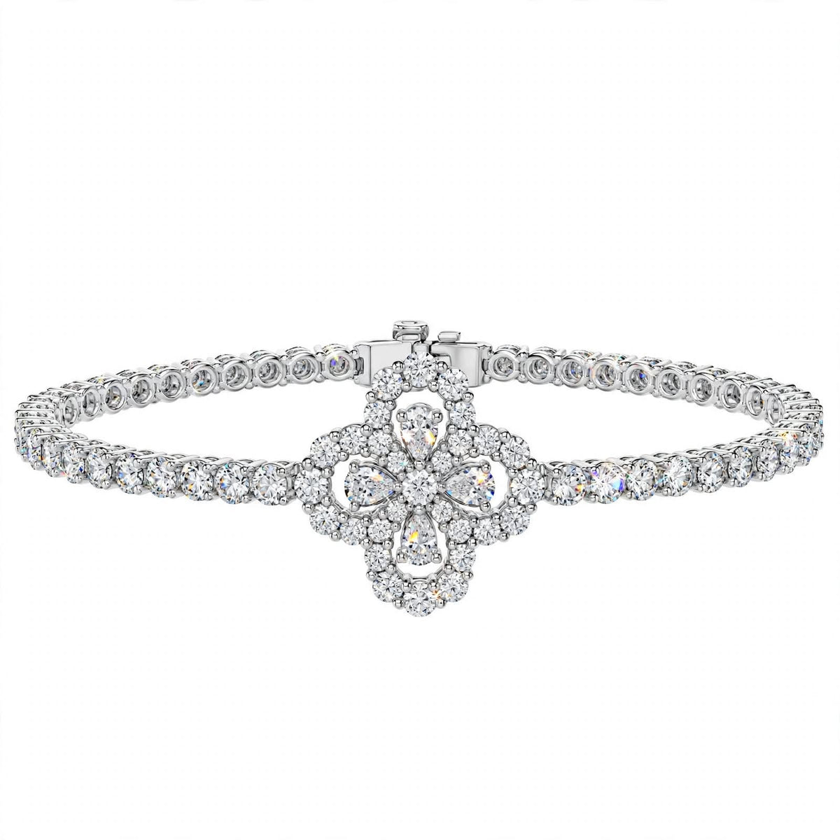 18K White Gold Pear and Round Cut Diamond Clover Charm Tennis Bracelet